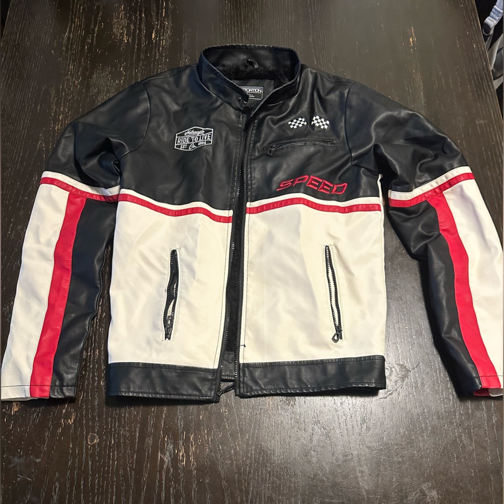 Black and White Racing Jacket with Red Accents